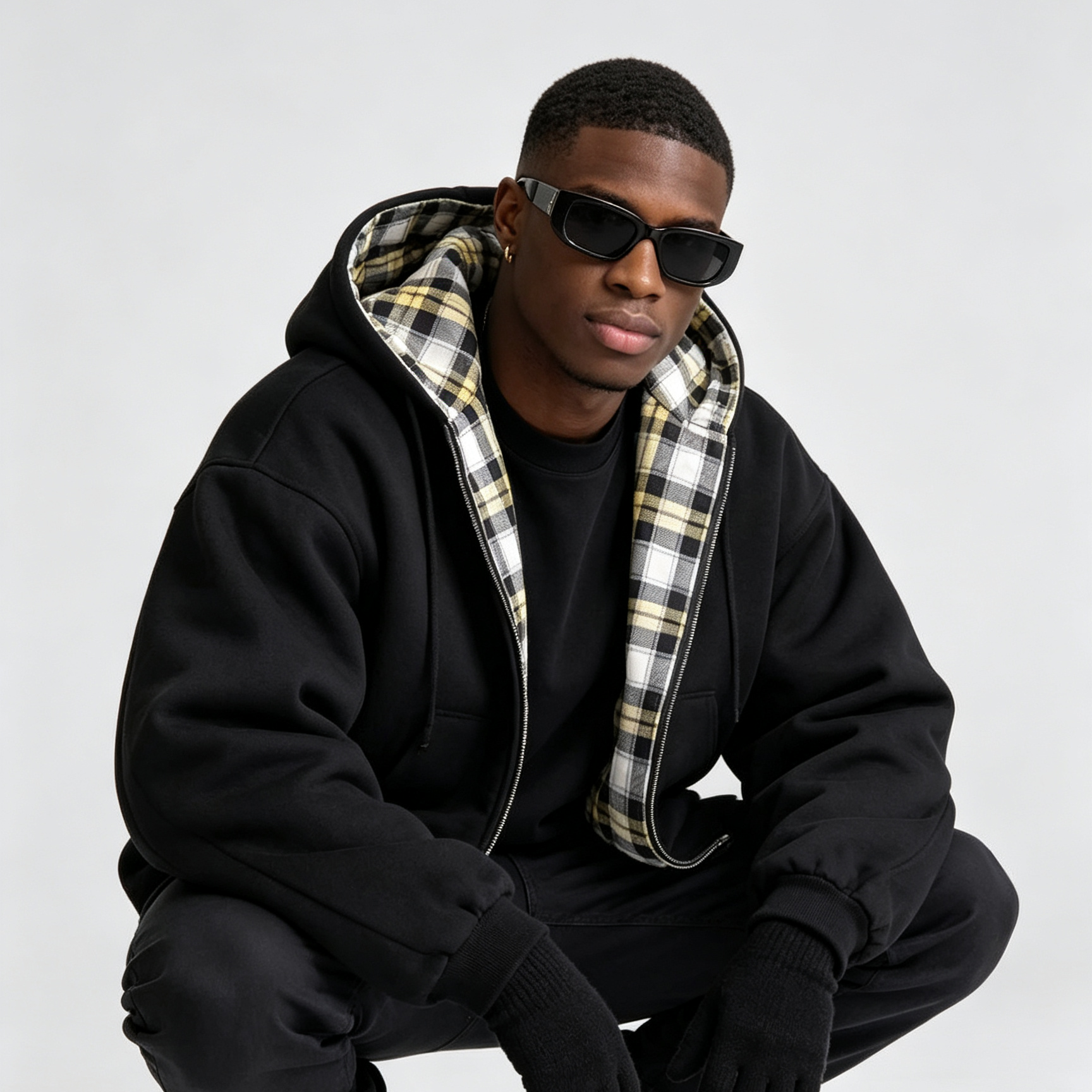 Plaid Lined Zip Up Hooded Sweatshirt Jacket, Oversized Loose Contrast Check Inner Hoodie 3 Colors Cross-Border Wholesale for Autumn