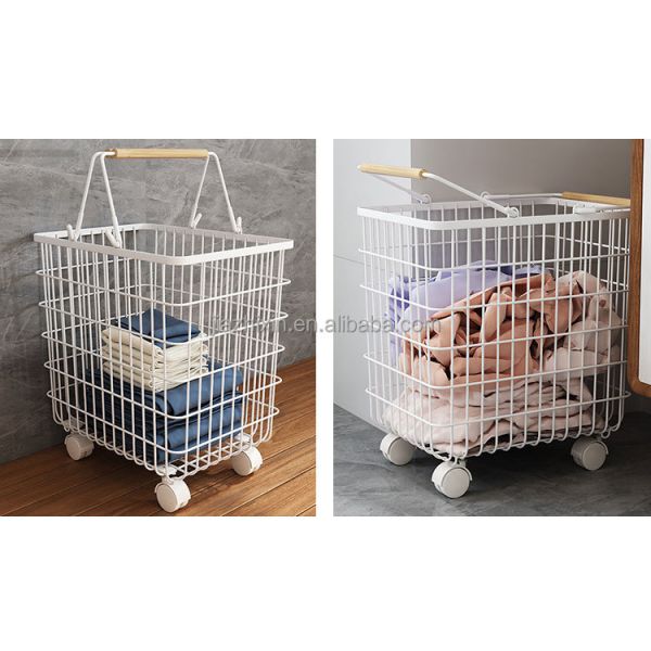 Iron Wire Laundry Hamper With Rolling Wheels Free Standing Storage Basket Dirty Clothes Cart Sorter Bathroom Washing Organizers