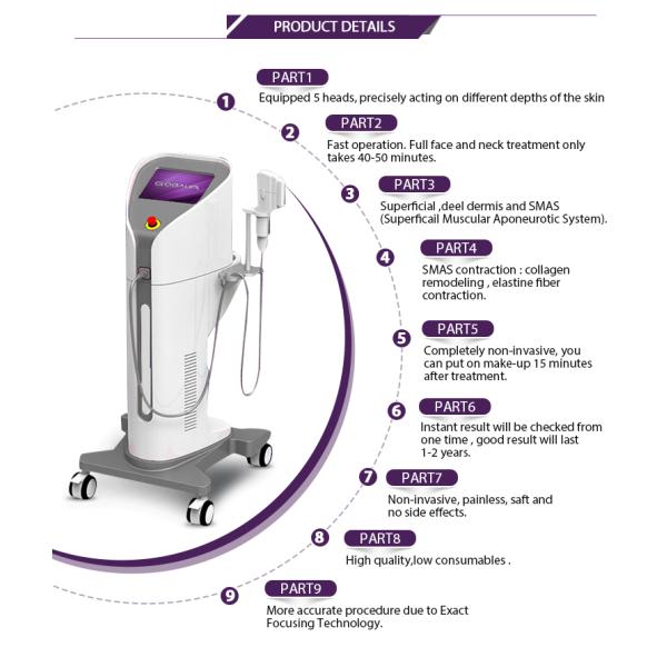 Вертикальные 3Д Хифу смотрят на поднимаясь машину, машину ультразвука высокой интенсивности сфокусированную