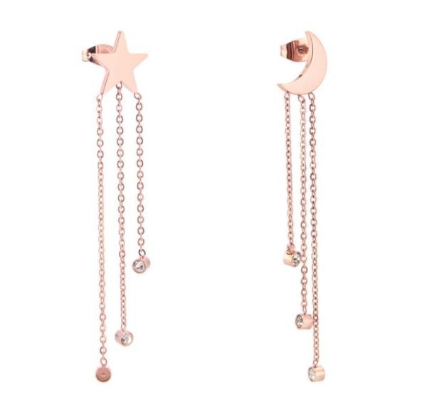 Sun Moon Shape Stud Earrings, Diamond Tassel Drop 316 Stainless Steel Women Earrings