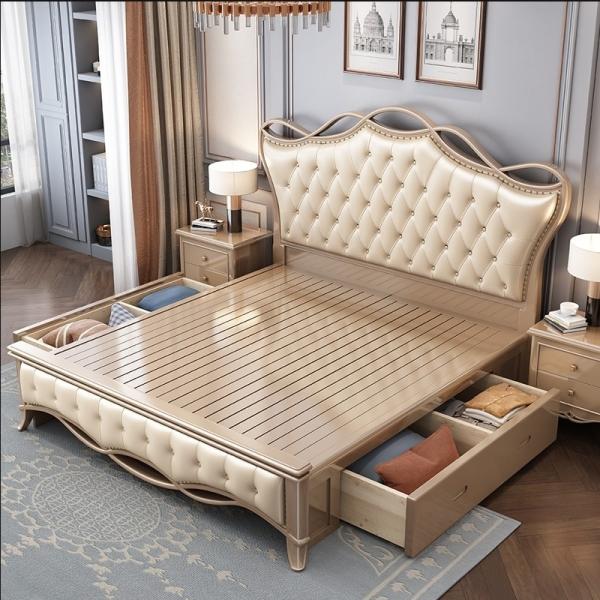 Custom Wooden Double Bed Frame Queen Size With Headboard And Drawer
