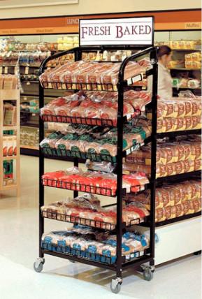 Food & bread 5 layer adjust black powder coat retail metal shelf metal display rack with wheels