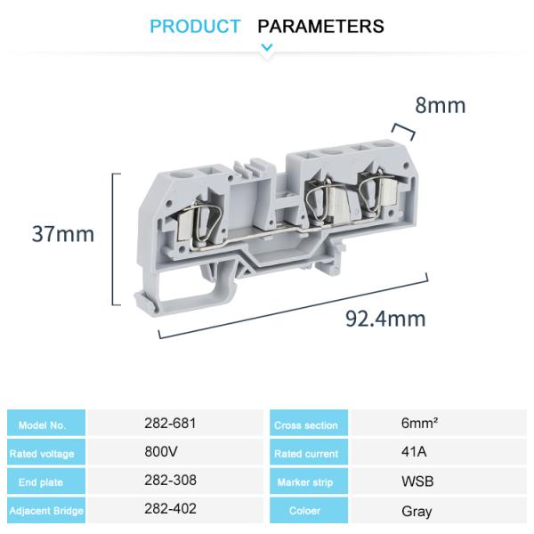 282-681 6mm Spring Terminal Block Connector Cable Connection CE For Power And Control Wiring