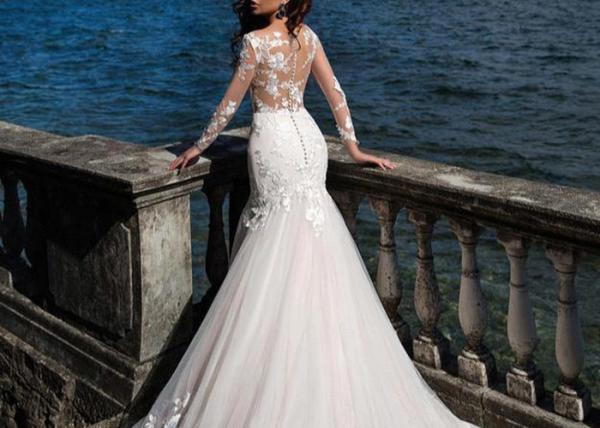 Unique White Long Sleeve Lace Bridal Gowns Perspective Waist Back Long Fishtail
