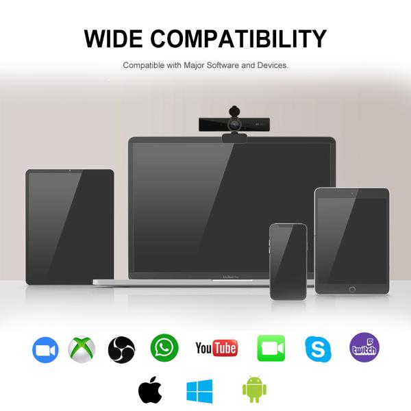 Black Color 4K Resolution Webcam , 90 Degree Viewing Angle Wide Angle Web Camera