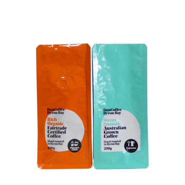 Flat Bottom Coffee Stand Up Pouch Glossy Finish Food Grade With Valve  250g