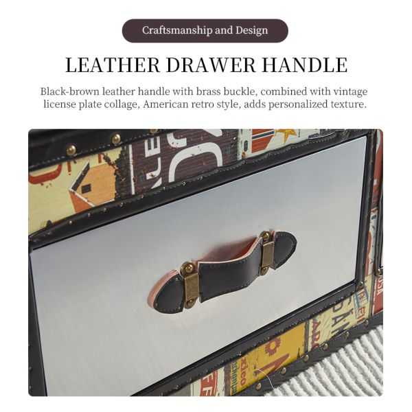 Nidea #312 Handcrafted Durable Multi-purpose Vintage Leather Living Room Cabinet with Retro License Plate Design, Featuring Two Drawers.