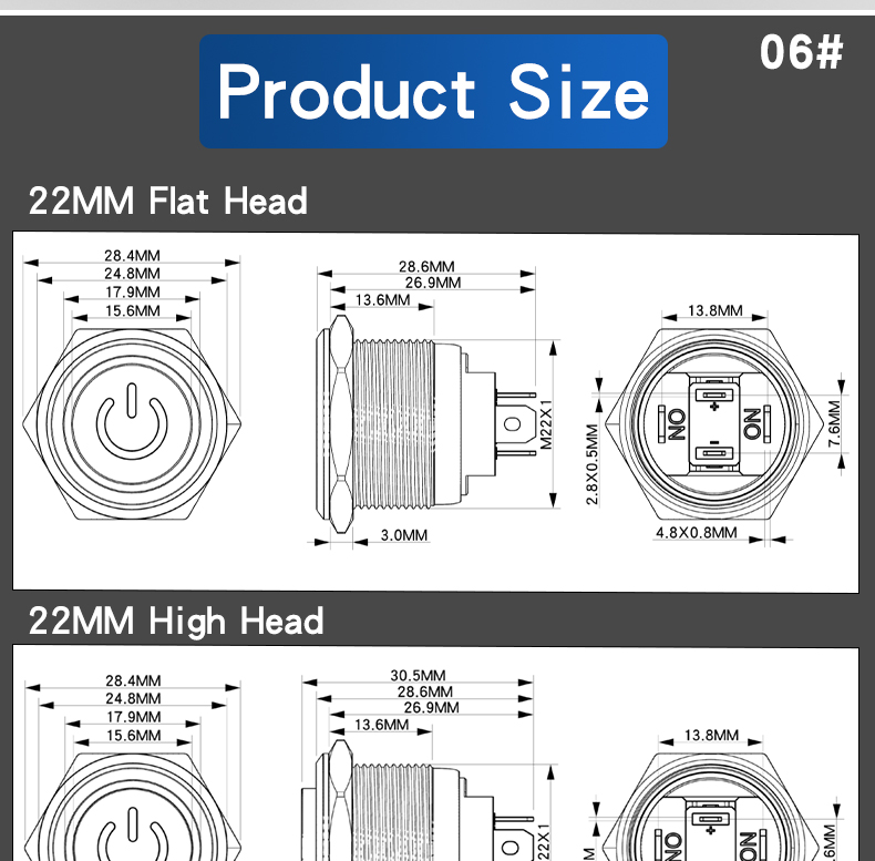 HongYe 22mm Metal Push Button Switch 15A High Current Alumina Black Housing Self-Locking Momentary 1NO IP65 Max 220V LED Ring
