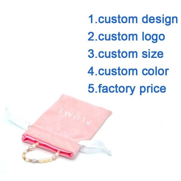 Soft Pink velvet drawstring bag with satin lining and customized white logo for lipstick packing