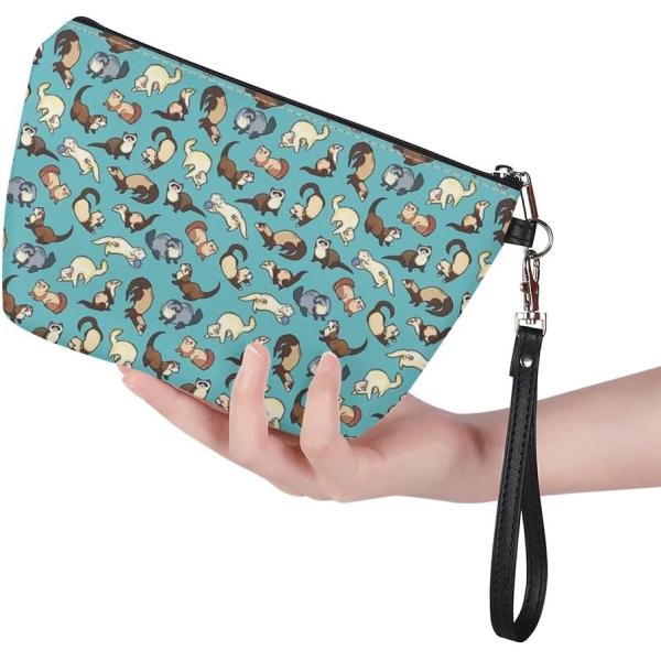 Cute Ferrets Print Small Zipper Makeup Bag with Strap Water Resistant PU Leather  Cosmetic  Bag