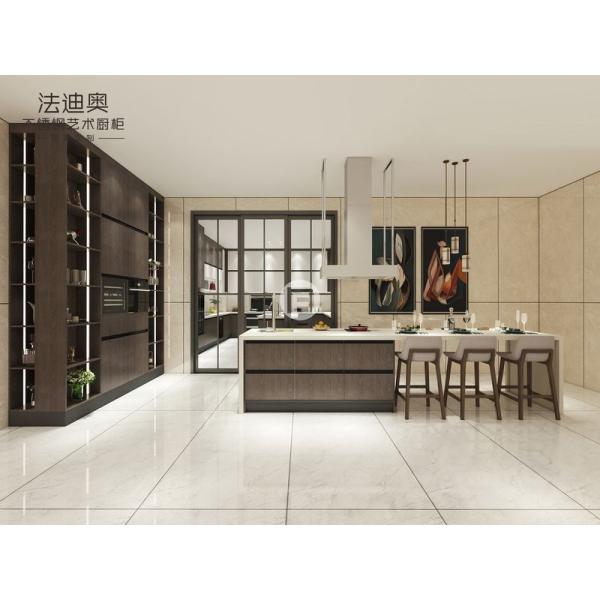 Modern Dark Wood Texture Stainless Steel Kitchen Cabinets With Contrasting Colors Design