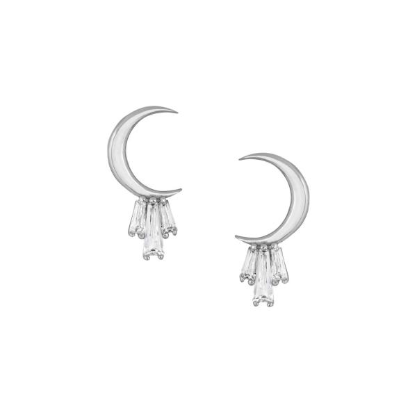 18K Oro Revestido 925 Plata Esterlina Baguette Lunar Stud Aretes para Mujeres AAA CZ Piedra