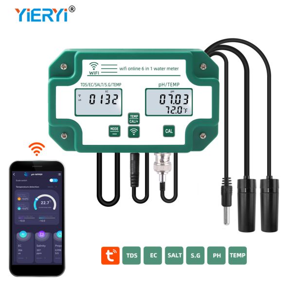 Smart Tuya Wifi Digital PH Meter with Data Logger Function and 6 in 1 TDS.EC.PH.Salinity.G.S.Temp for Hydroponics