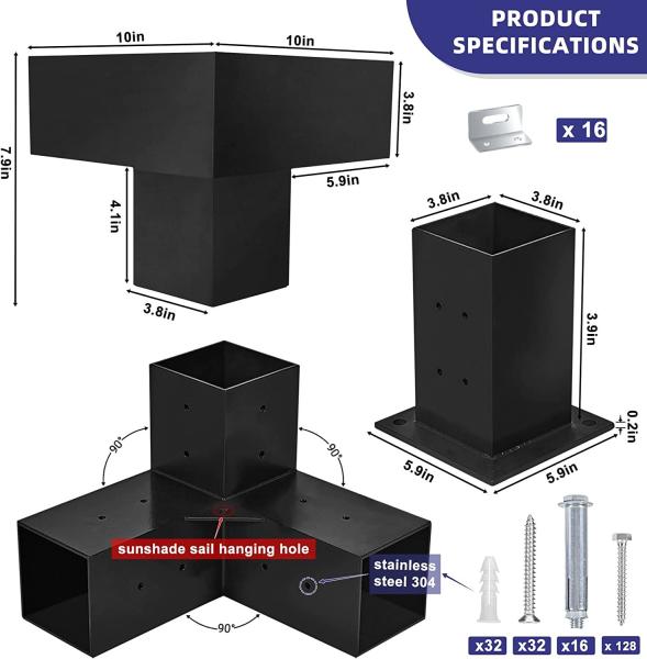 Kit de pergola de extensão de 90 ângulos de aço carbono 4x4 com suportes pretos ou personalizados