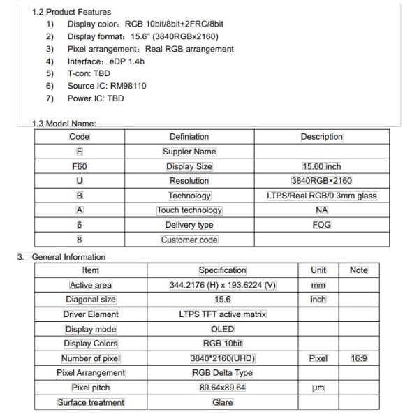 15.6 Inch 4K AMOLED Display Module with RGB 10bit and Foldable Screen for Portable Use