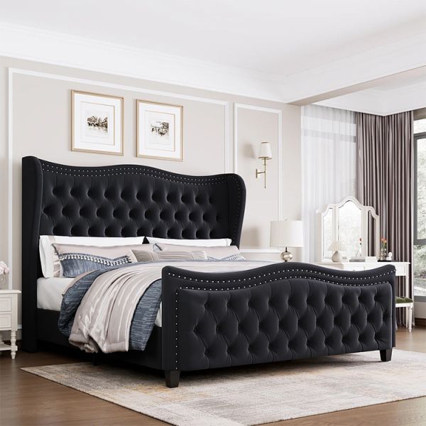 Kainice Luxury White Velvet Upholstery Deep Button Headboard for Queen Beds