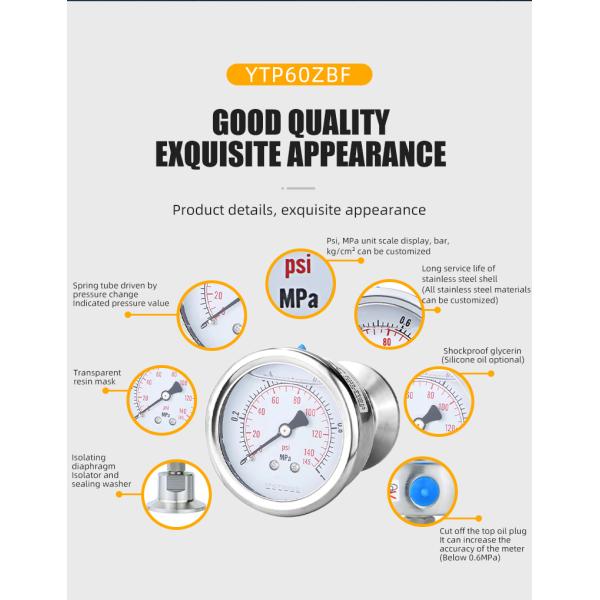 60mm Nominal Diameter Natural Gas Pressure Gauge with Complete Stainless Steel Design