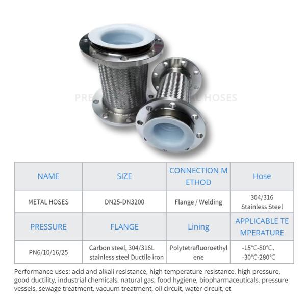 Compensador químico de gás anticorrosivo 304 SS mangueira de metal trançada flexível com flange de PTFE