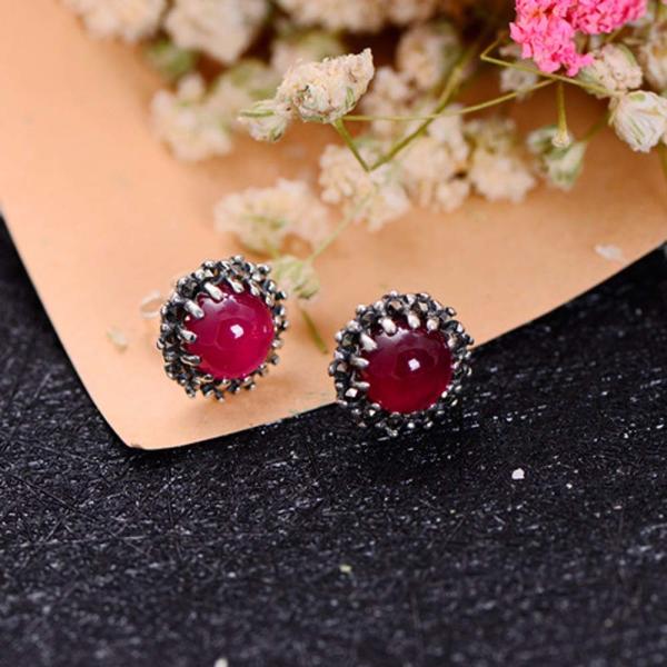 Women Retro Earrings 925 Sterling Silver Synthetic Ruby Stud Earrings (044760)