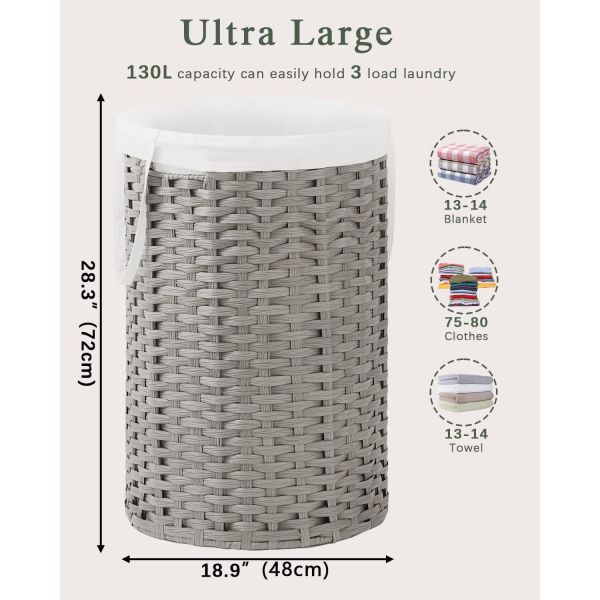 Large Laundry Hamper Laundry Basket Round Handwoven Wicker Laundry Baskets Rattan Laundry Basket With Removable Bag Handles 2 Mesh Bags For Living Room Bedroom Natural
