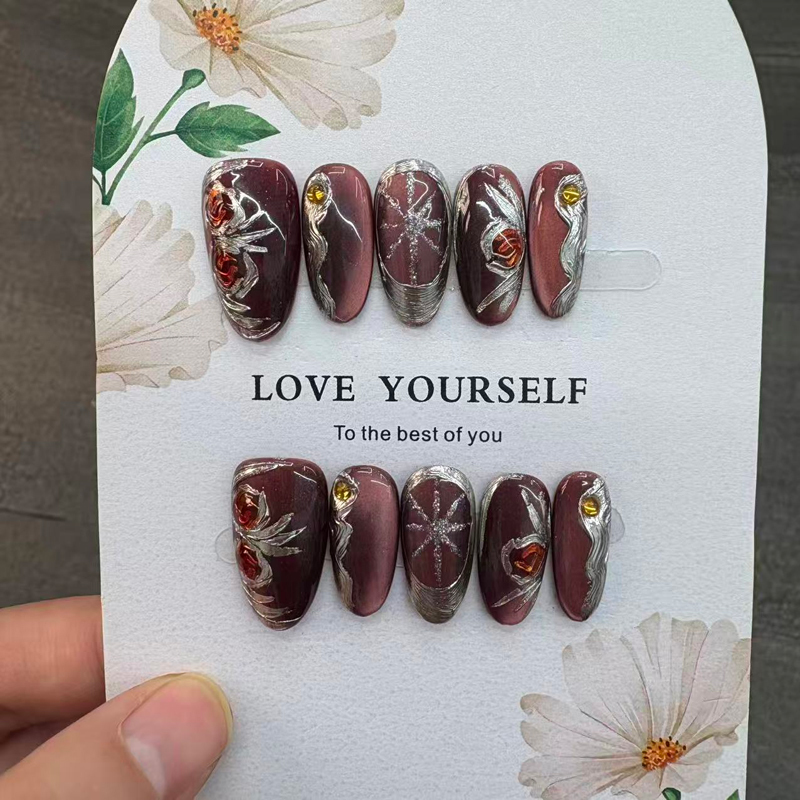 Cat Eye Design Handmade False Nails Flower Design Almond Shape