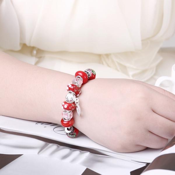 SJ Cute Vogue Heart Jewelry Glaze Bead Red Petal Ethnic Style Magnet Buckle Cubic Zirconia Women Charm Bead Bracelet for