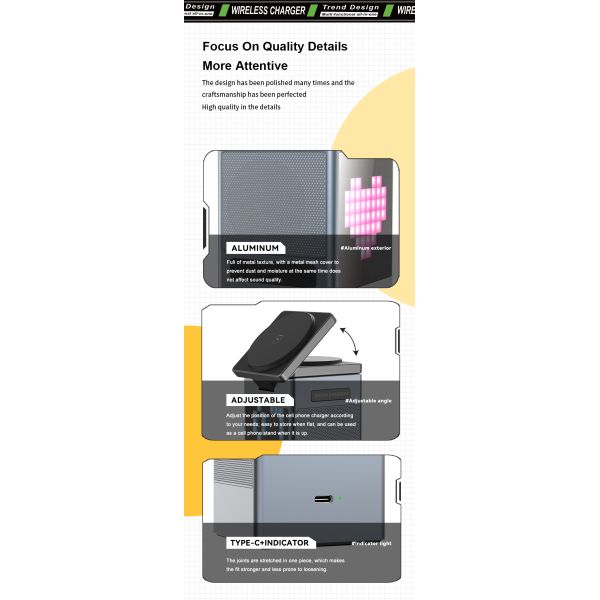6 In 1 Multi Function Pixel Animation Wireless Charger Alarm Clock Speaker Phone Stand With Integrated Lamp