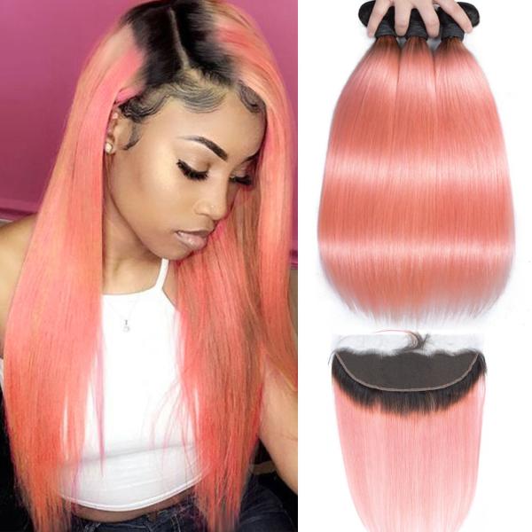 Pink Front Ombre Human Hair Extensions Silk 10A Grade Tangle Free