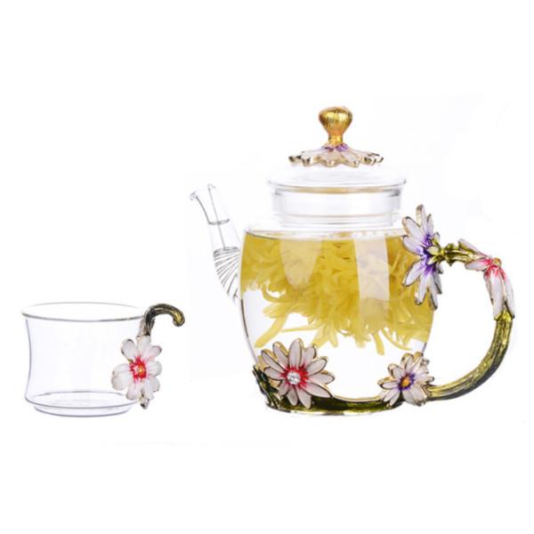 Flower Pattern Floral Microwavable Teapot , Vintage Glass Teapot With Gold Leaves