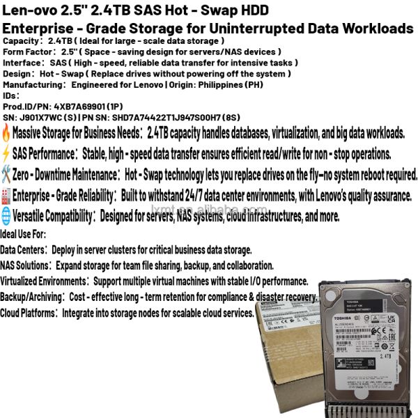 Lenovo 4XB7A69901 Hard Disk 2.4TB SAS Hard Drive Metal Plastic Shell Material
