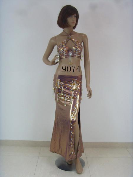 Sleeveless Belly Dancing Clothes Elegant Halter Neck Metallic Gold Bra Floor Length Skirts