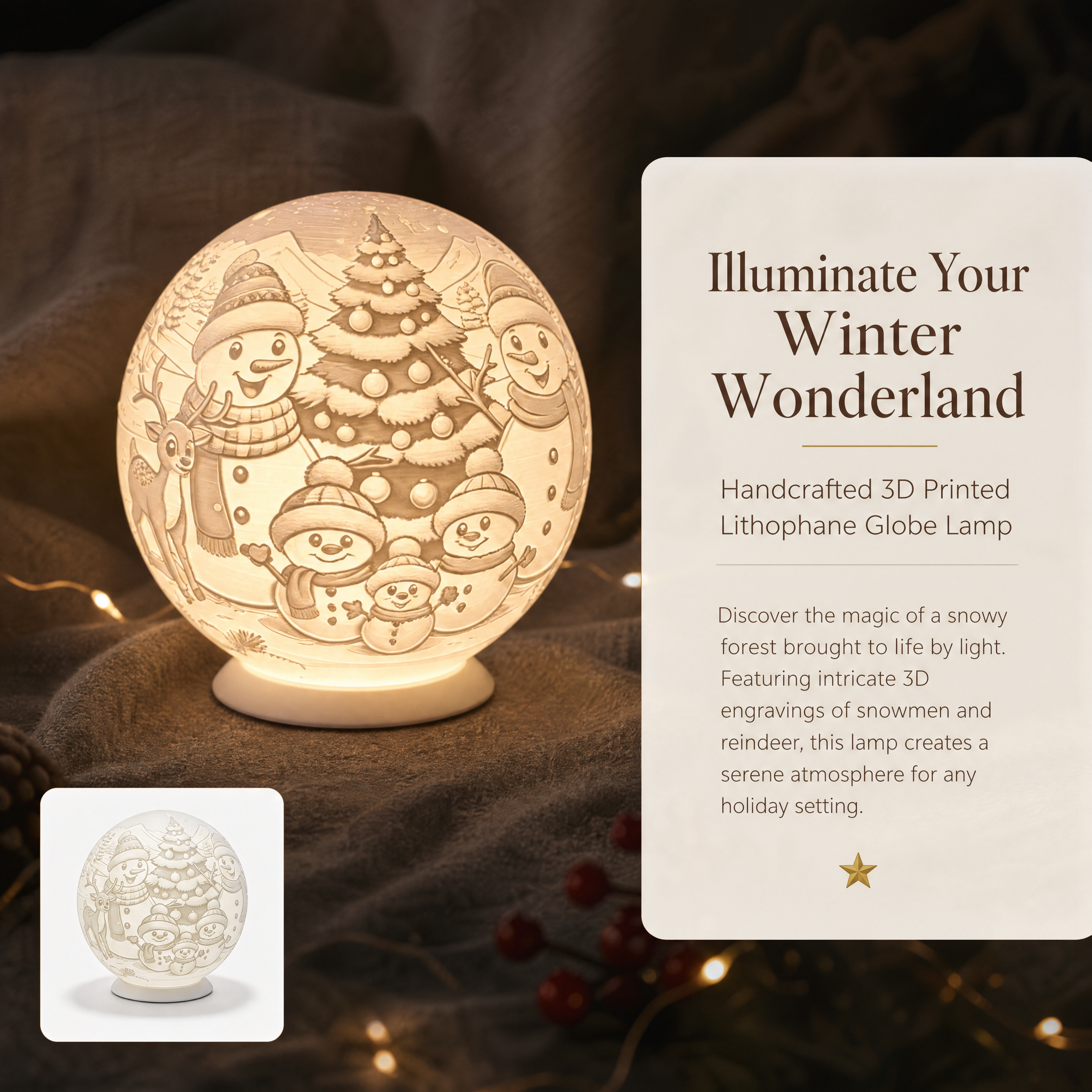 Christmas Snowman Relief Sphere Lamp 3D Printed Art Ornament for Holiday Table Decoration
