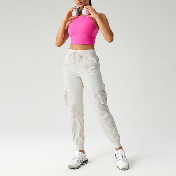 Women's Beige Nylon Cargo Pants Drawstring Multi Pocket Lightweight Elastic Cuffed