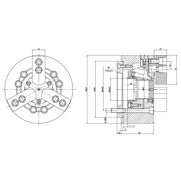 B-206A5 High Rotary Speed Through Hole Power Chuck 3 Jaw