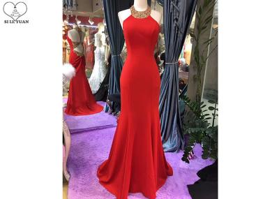 Gold Mermaid Style Red Dress Hanging Neck Luxury Heavy Beading Hollow Back
