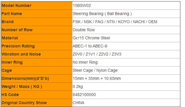 Suzuki Auto Parts 15BSW02 Steering Column Bearing 15mm × 35mm × 10.65mm