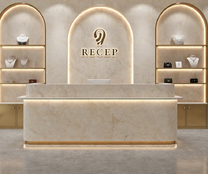 High-End Custom Jewelry Shop Reception Counter Premium Travertine Texture Front Desk with Arch Design and LED Ambient Light