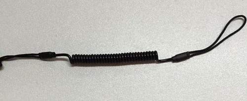 Retracted black short length coiled tool lanyard custom with webbing cord loop on two ends