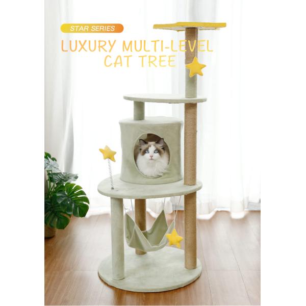 Yellow Stars and Sisal Post Plush Cat Climbing Frame in Light Green for All-Season Tree