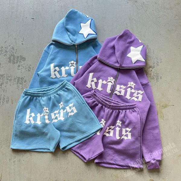 Oem Puff Print Training Jogging Full Face Zip up Hoodie Slim Fit Cargo Cotton Shorts Set 2 Piece Short Set for Men Custom Logo