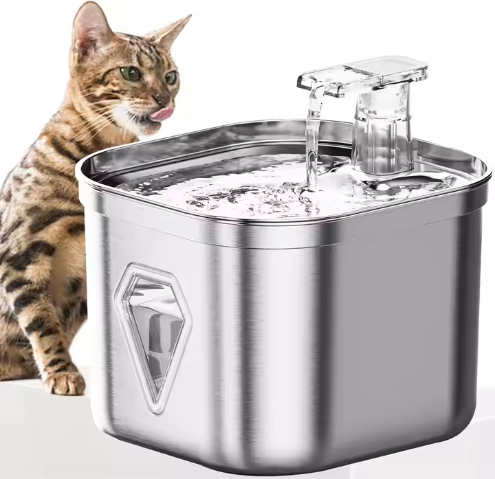 2.5L Stainless Steel Automatic Pet Water Fountain Portable Pet Dispenser Water Level Window Charge Power Source for Cats Dogs