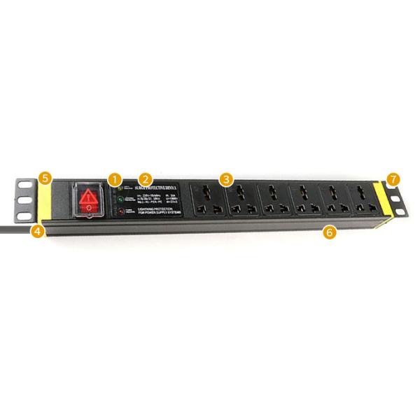 1U 6 way Cabinet PDU with Switch and 3D Light 250V, 10A Universal