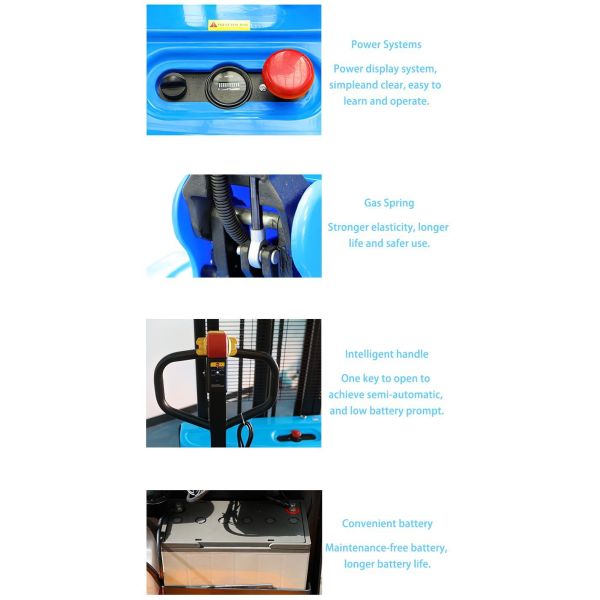 Pedestrian Electric Pallet Stacker Truck with 1500kg Capacity Standing Platform and Lithium Battery