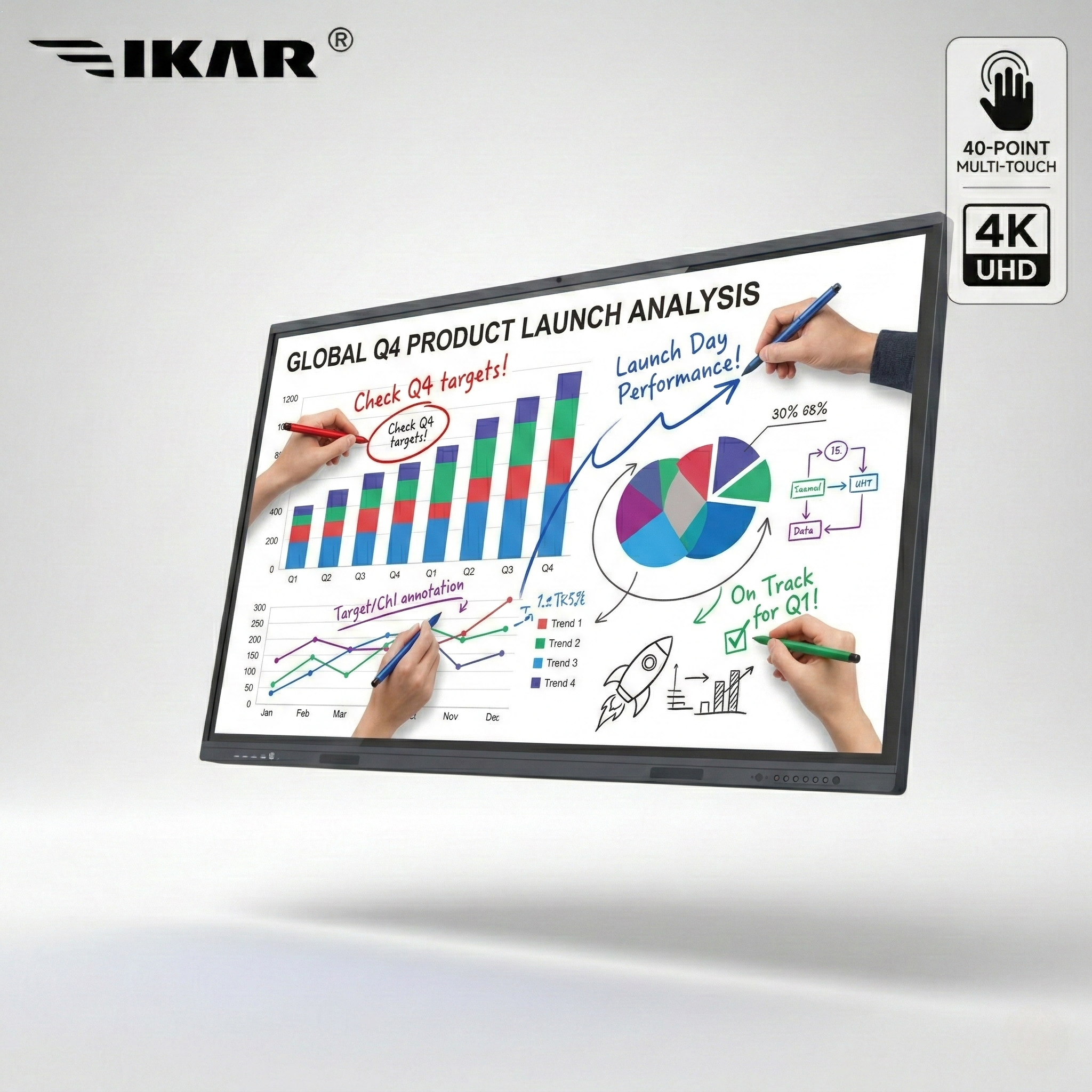 65 Inch 4K UHD Interactive Flat Panel IFPD 16+256G Android Windows Touchscreen Smart Whiteboard AI Person Tracking Camera Multi-Touch Electronic Board Display Aluminum Frame