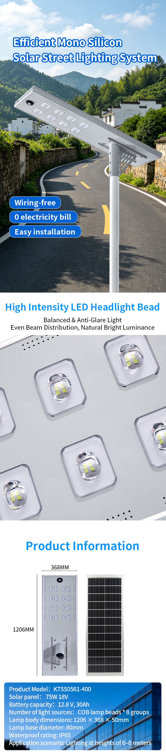 Smart Microwave Induction Solar Street Light, High-Brightness COB LED Lamp with High Conversion Monocrystalline Solar Panel