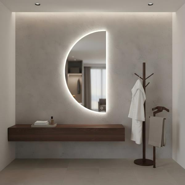 Kingstin Smart Half Moon LED Mirror Backlit Semicircle Wall Mirror Dimmable Touch Switch Makeup Mirror for Bathroom Decor