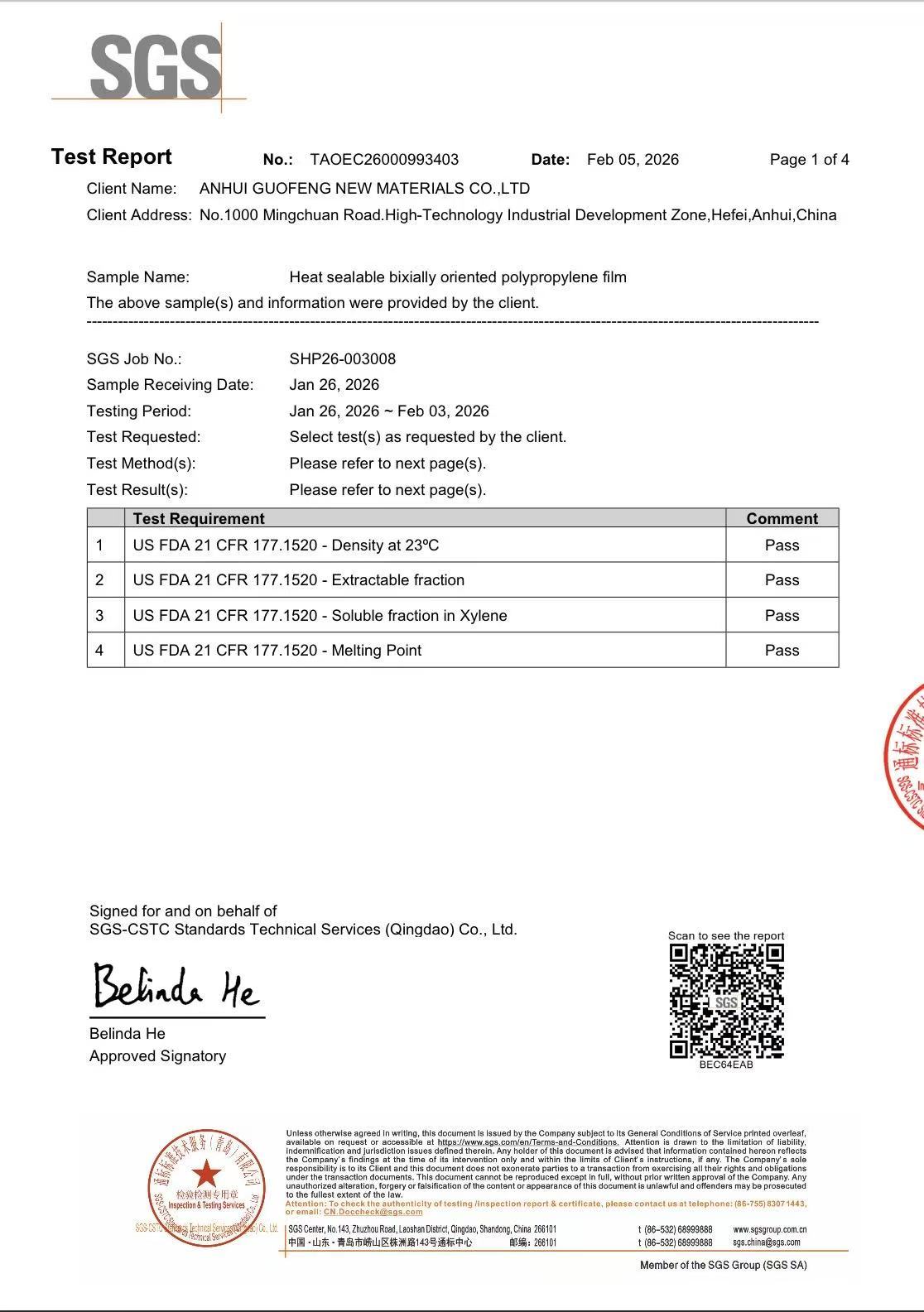 Anhui Guofeng New Materials Co., Ltd. Certifications