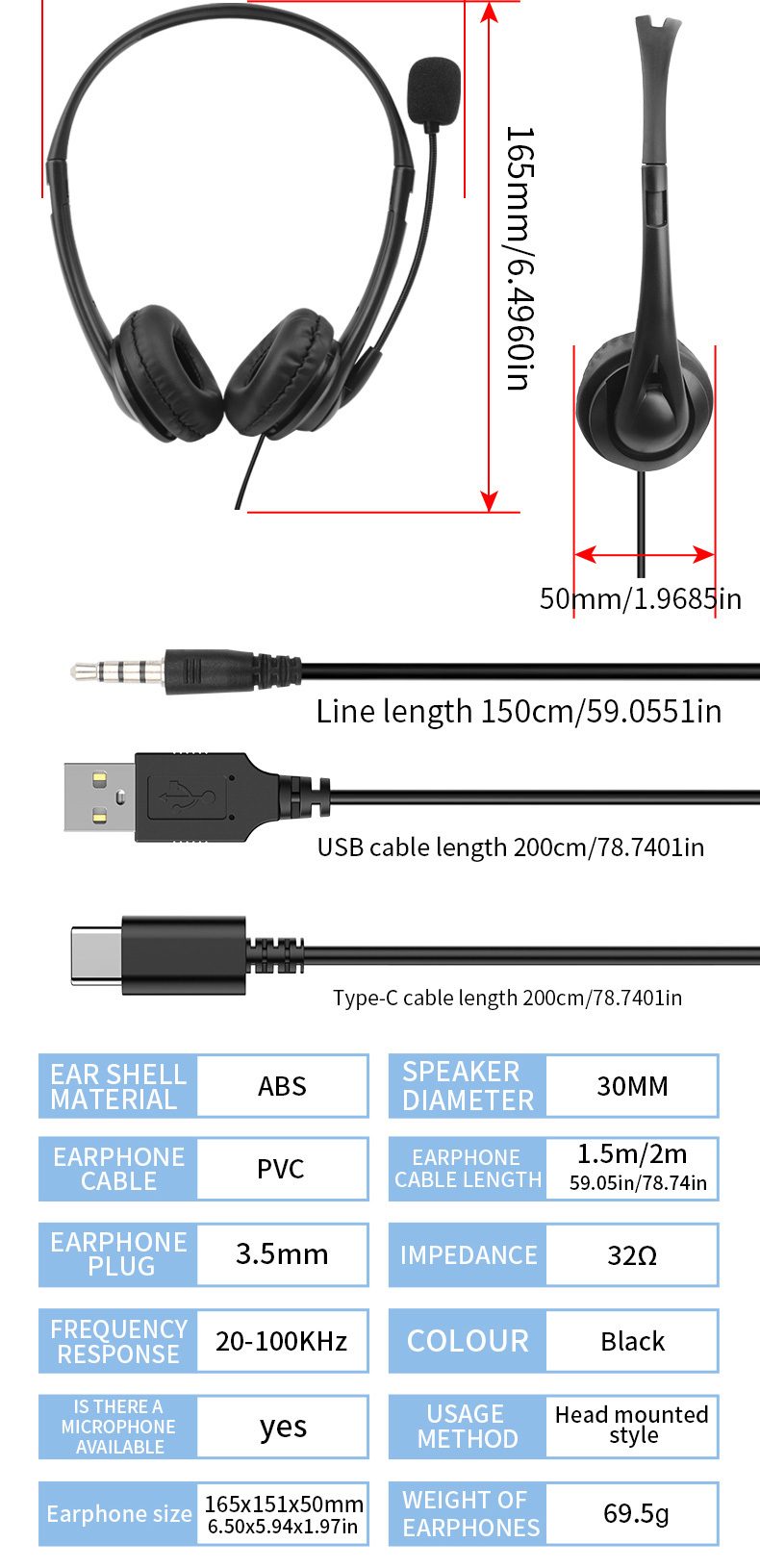 JTY-430 professional call center earphones with microphone, multiple plugs USB/Type-C/3.5mm wired earphones, comfortable to wear earphones, suitable for online learning and business conference calls