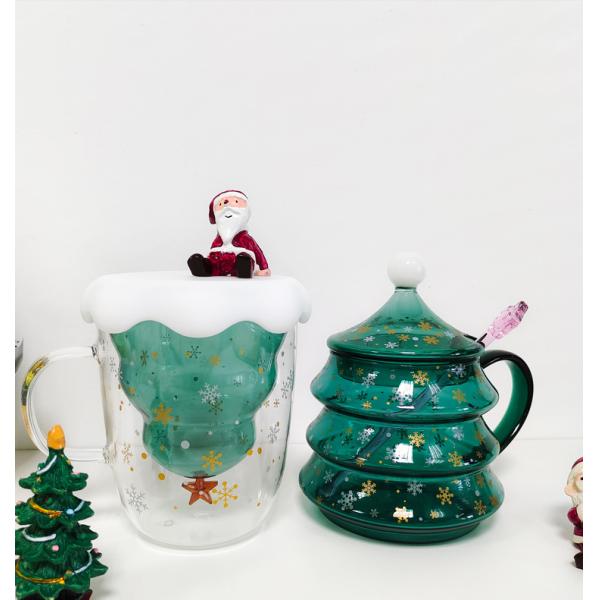 Custom Xmas Gift 200ml Double Walled Glass Coffee Cup with Christmas Tree Design