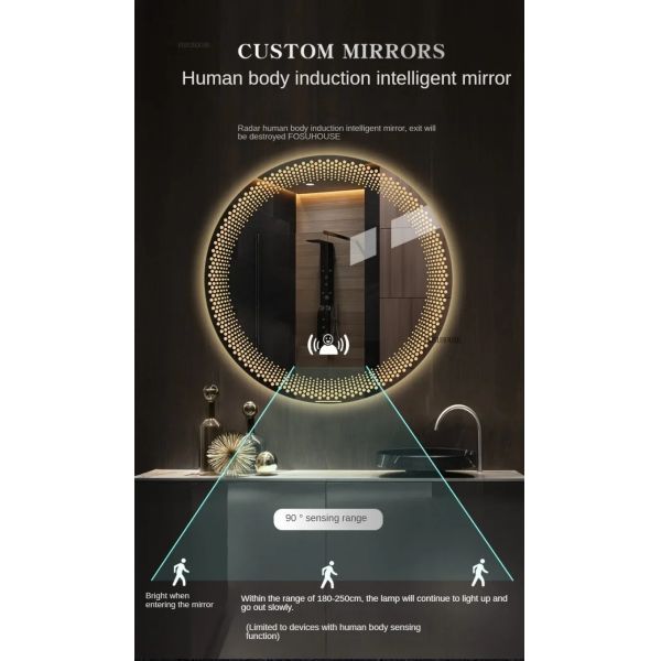 Simple flameproof Led Smart Touch Screen Anti-fog Round Sensor Mirror with Light(WH-MR-101)